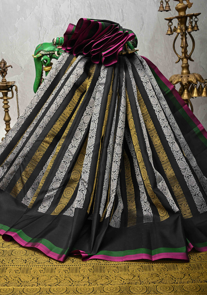 Black Kanjivaram Pure Silk Saree with Gold and Silver Vertical Stripes   | SILK MARK CERTIFIED