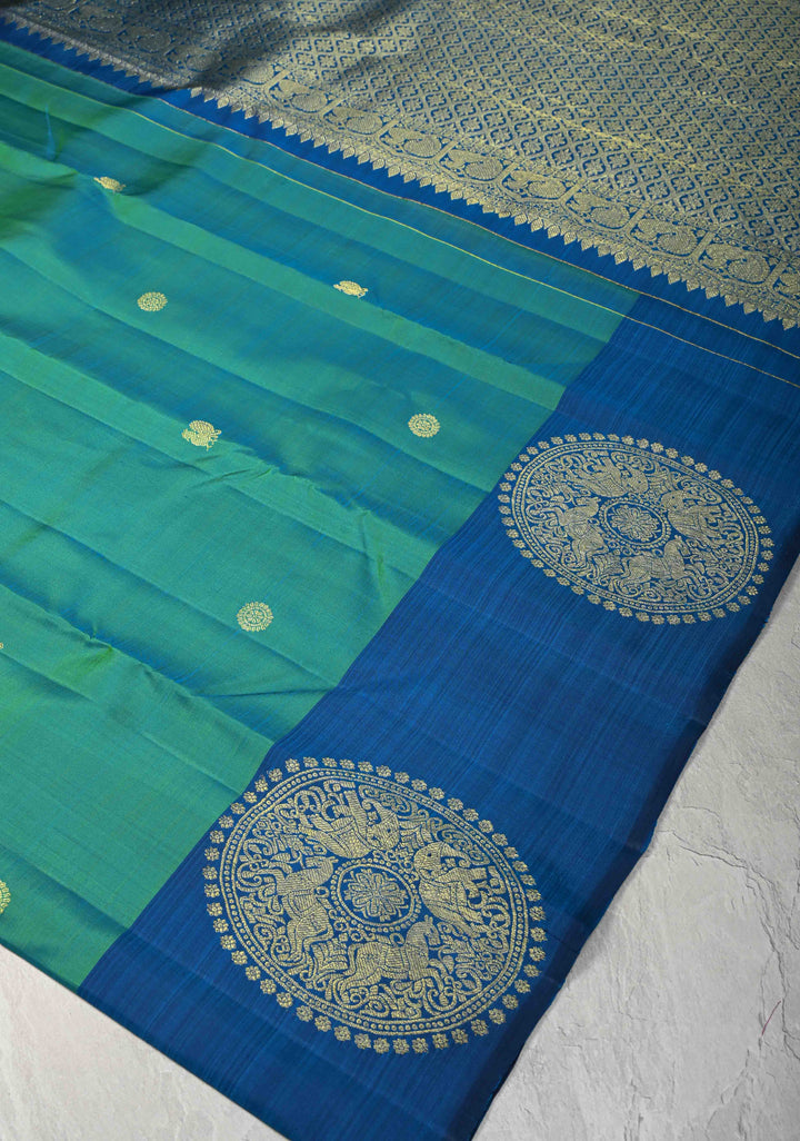 Green Dual tone Kanjivaram Pure silk saree with Zari Buttas and Distinct Vanasingaram Mandala Motifs on Contrast Border | SILK MARK CERTIFIED