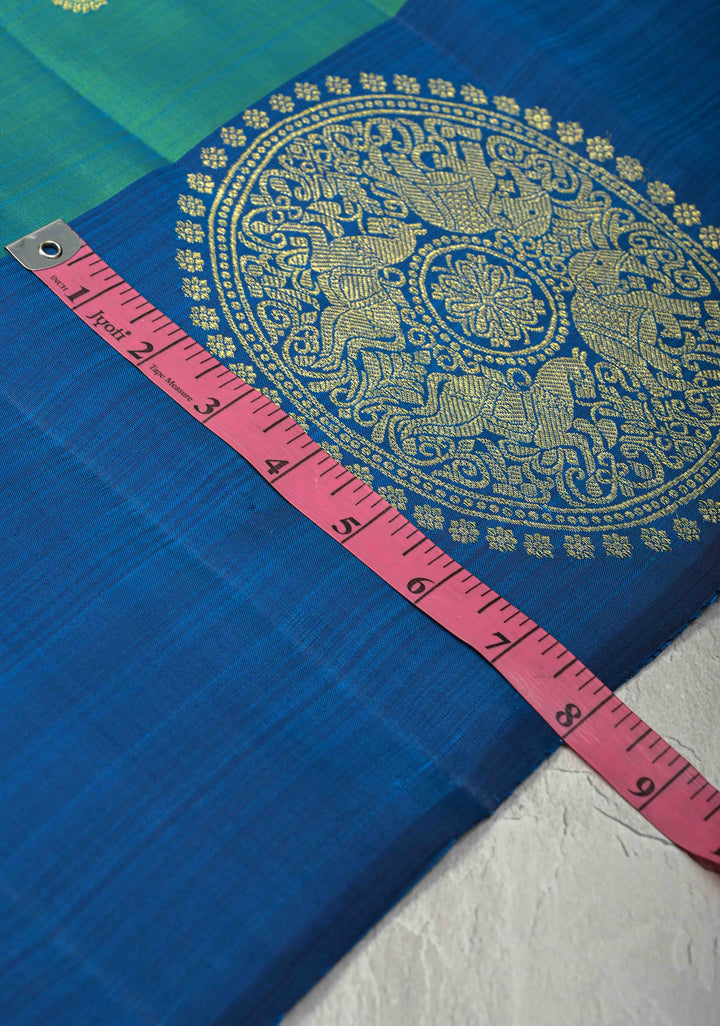 Green Dual tone Kanjivaram Pure silk saree with Zari Buttas and Distinct Vanasingaram Mandala Motifs on Contrast Border | SILK MARK CERTIFIED