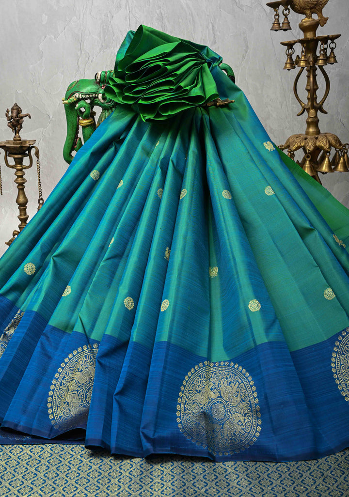 Green Dual tone Kanjivaram Pure silk saree with Zari Buttas and Distinct Vanasingaram Mandala Motifs on Contrast Border | SILK MARK CERTIFIED