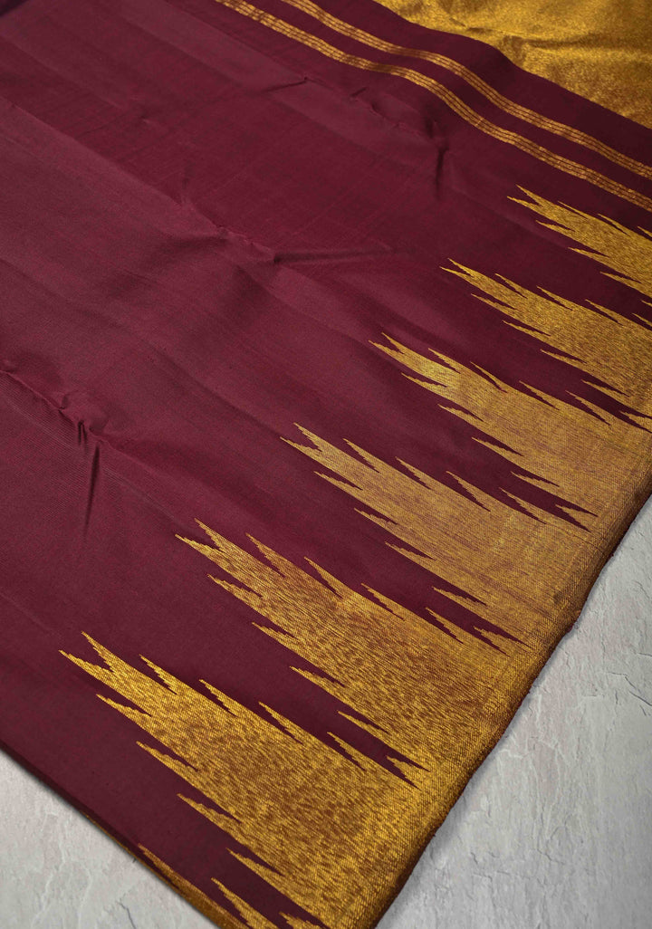 Plum Pure Kanjivaram Silk Saree with Zari Temple Borders | SILK MARK CERTIFIED