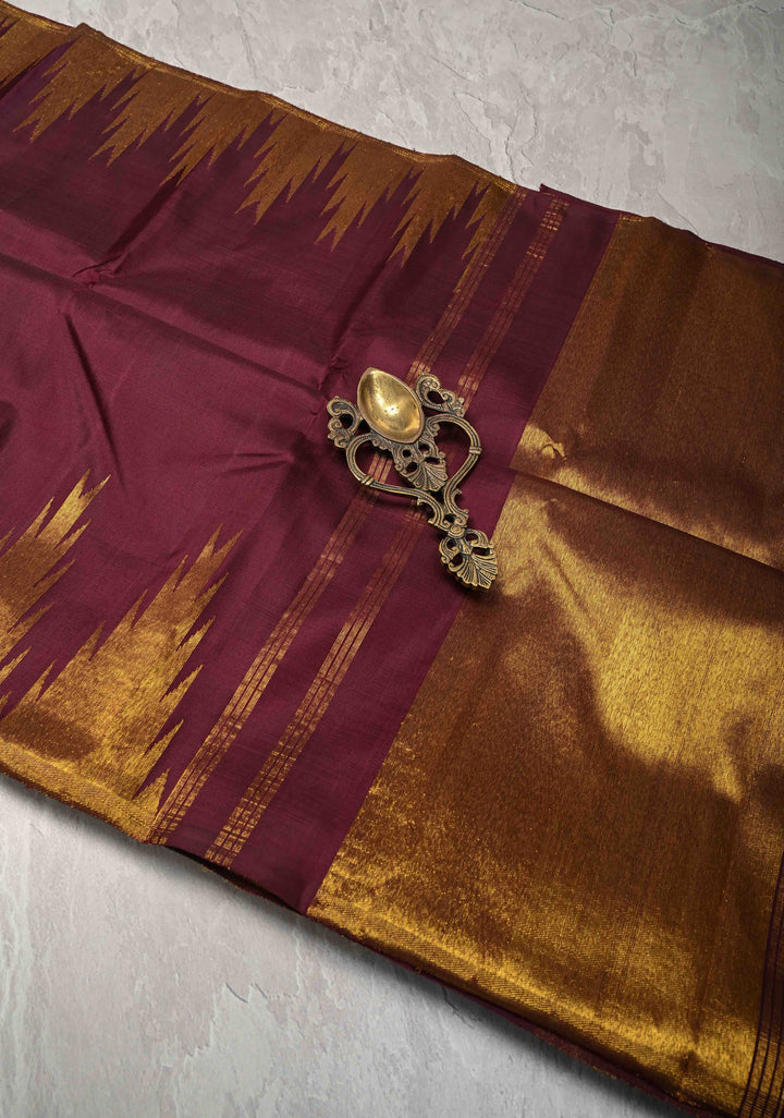 Plum Pure Kanjivaram Silk Saree with Zari Temple Borders | SILK MARK CERTIFIED