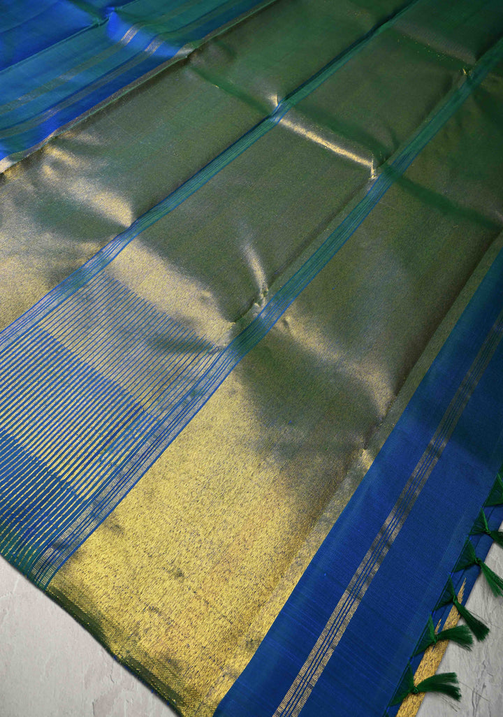 Blue Dual tone Pure Kanjivaram Silk Saree with Zari Temple Borders | SILK MARK CERTIFIED