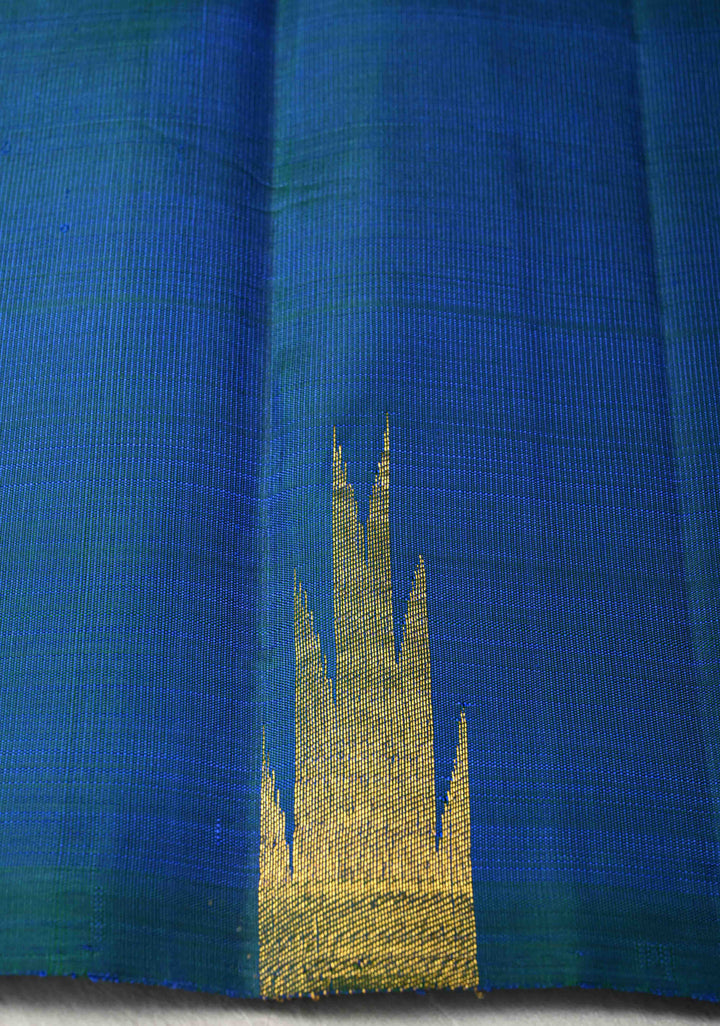 Blue Dual tone Pure Kanjivaram Silk Saree with Zari Temple Borders | SILK MARK CERTIFIED