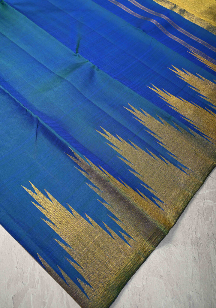 Blue Dual tone Pure Kanjivaram Silk Saree with Zari Temple Borders | SILK MARK CERTIFIED