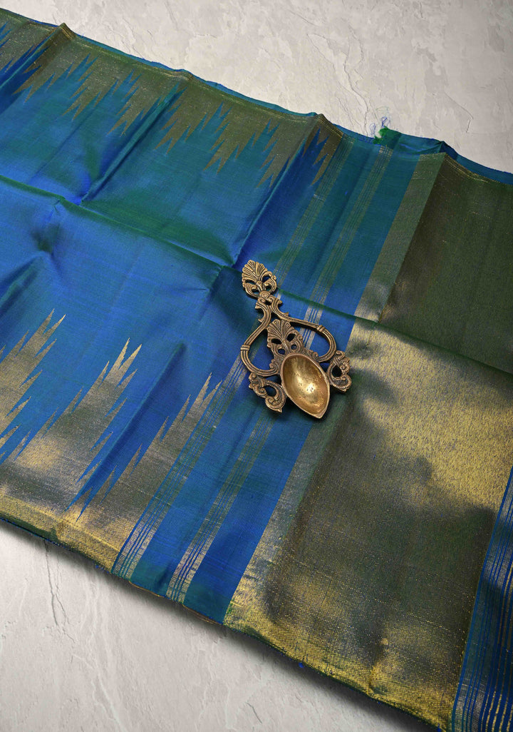 Blue Dual tone Pure Kanjivaram Silk Saree with Zari Temple Borders | SILK MARK CERTIFIED