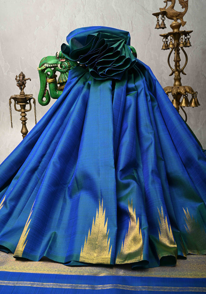 Blue Dual tone Pure Kanjivaram Silk Saree with Zari Temple Borders | SILK MARK CERTIFIED
