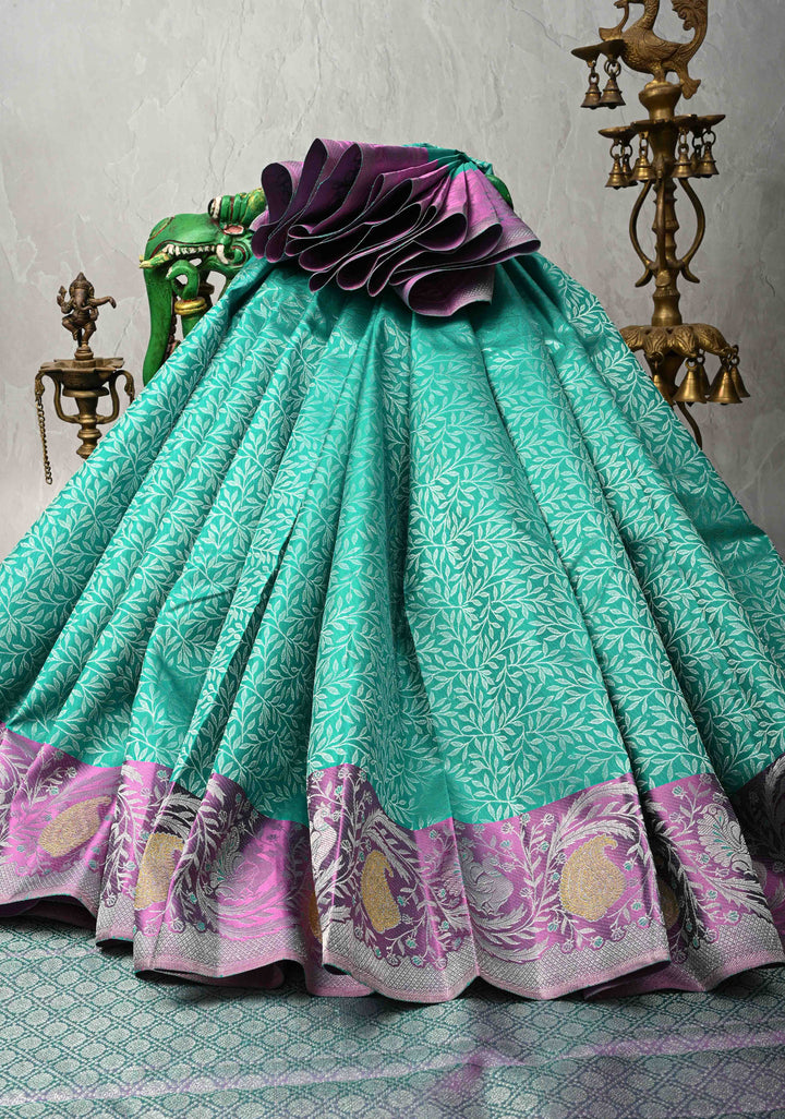 Rama Green Pure Kanjivaram Silk Saree with Floral Brocade Jaal and Meenakari Contrast Zari Border | SILK MARK CERTIFIED