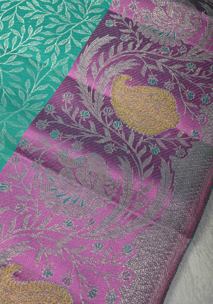 Rama Green Pure Kanjivaram Silk Saree with Floral Brocade Jaal and Meenakari Contrast Zari Border | SILK MARK CERTIFIED