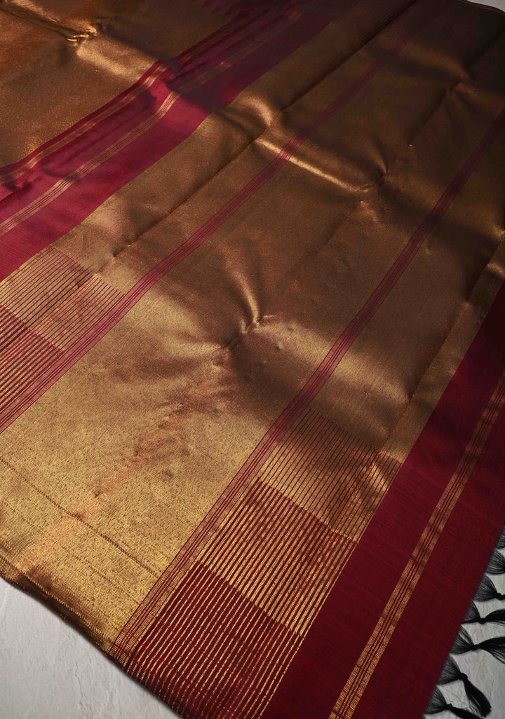 Deep Maroon and Gold 2 Rising Temple Border on Pure Kanjivaram Silk Saree | SILK MARK CERTIFIED