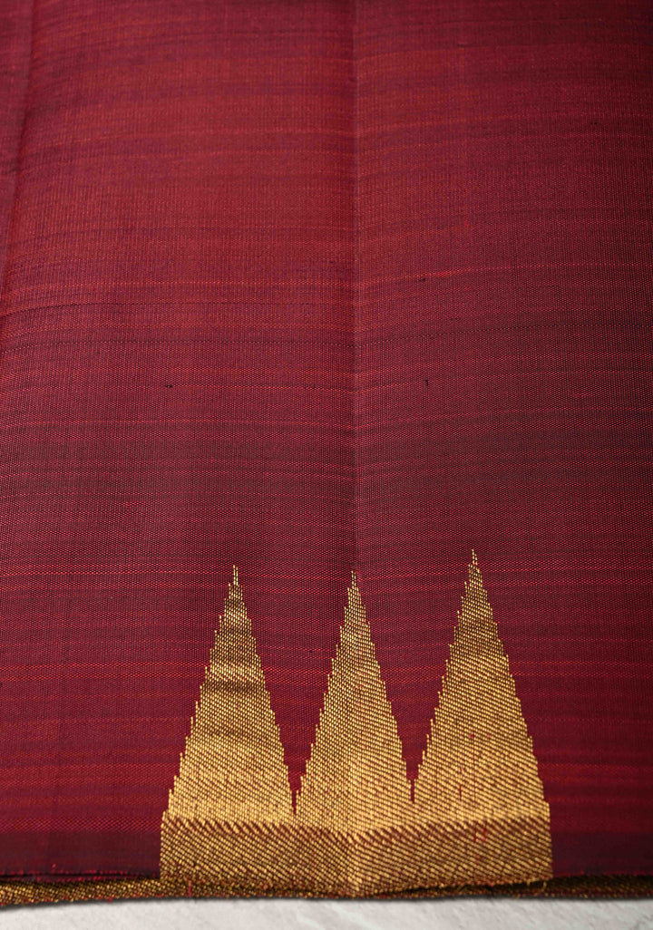 Deep Maroon and Gold 2 Rising Temple Border on Pure Kanjivaram Silk Saree | SILK MARK CERTIFIED