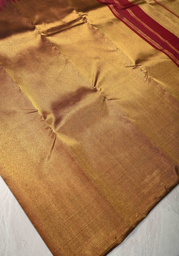 Deep Maroon and Gold 2 Rising Temple Border on Pure Kanjivaram Silk Saree | SILK MARK CERTIFIED