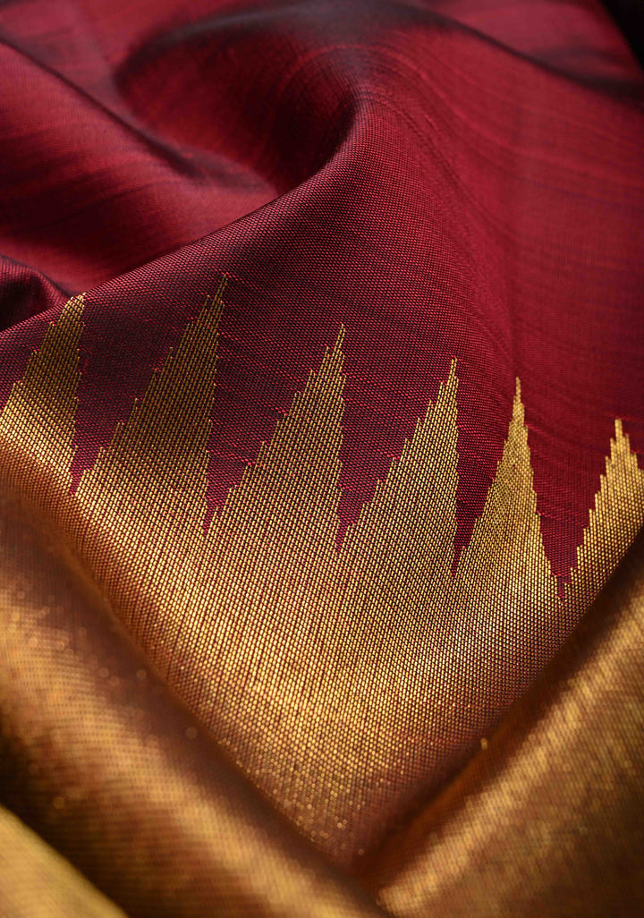 Deep Maroon and Gold 2 Rising Temple Border on Pure Kanjivaram Silk Saree | SILK MARK CERTIFIED