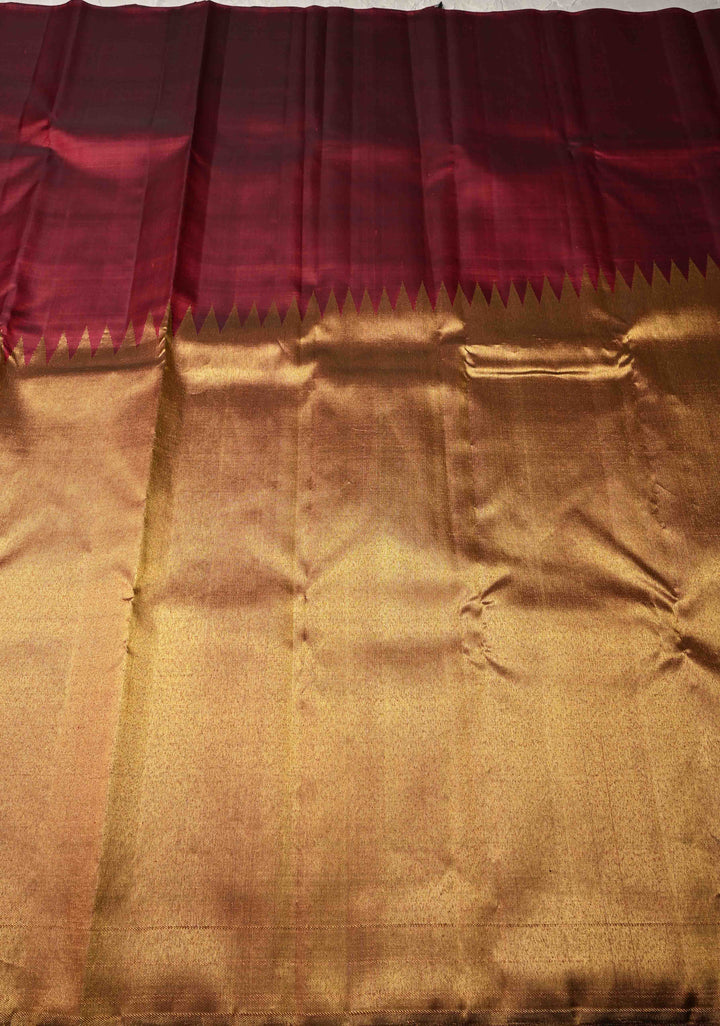 Deep Maroon and Gold 2 Rising Temple Border on Pure Kanjivaram Silk Saree | SILK MARK CERTIFIED