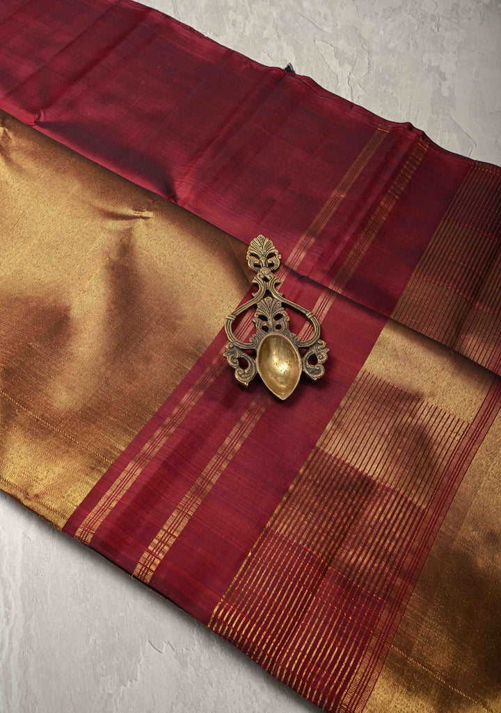Deep Maroon and Gold 2 Rising Temple Border on Pure Kanjivaram Silk Saree | SILK MARK CERTIFIED