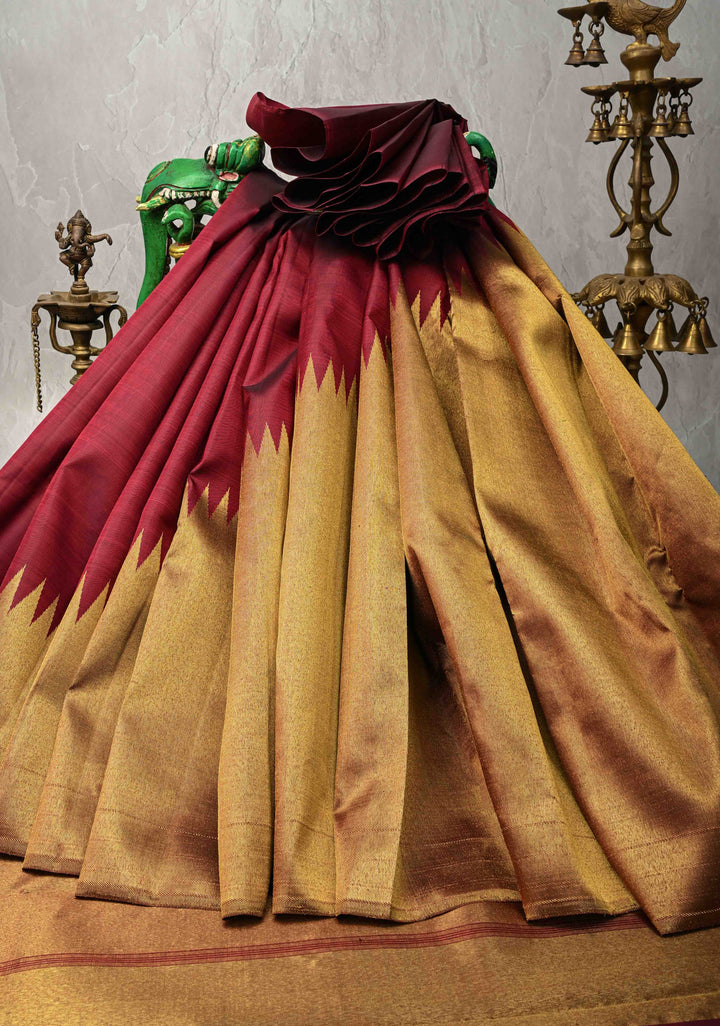 Deep Maroon and Gold 2 Rising Temple Border on Pure Kanjivaram Silk Saree | SILK MARK CERTIFIED