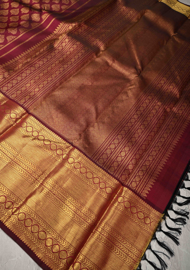 Maroon Brocade Kanjivaram Silk saree with Half Zari Border | SILK MARK CERTIFIED