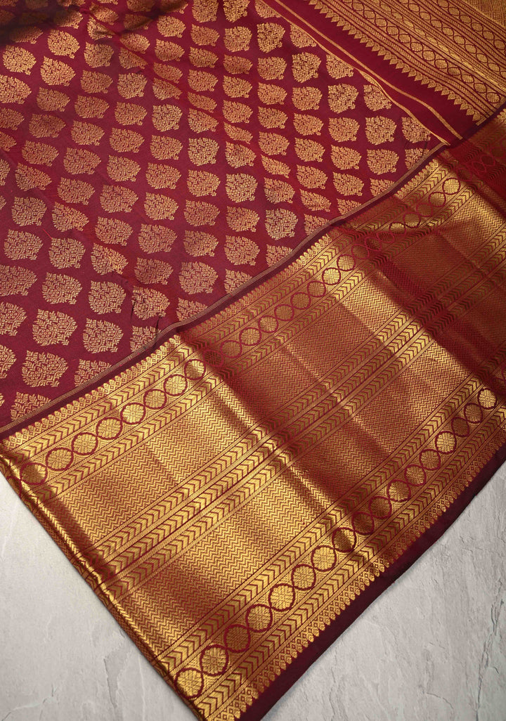 Maroon Brocade Kanjivaram Silk saree with Half Zari Border | SILK MARK CERTIFIED