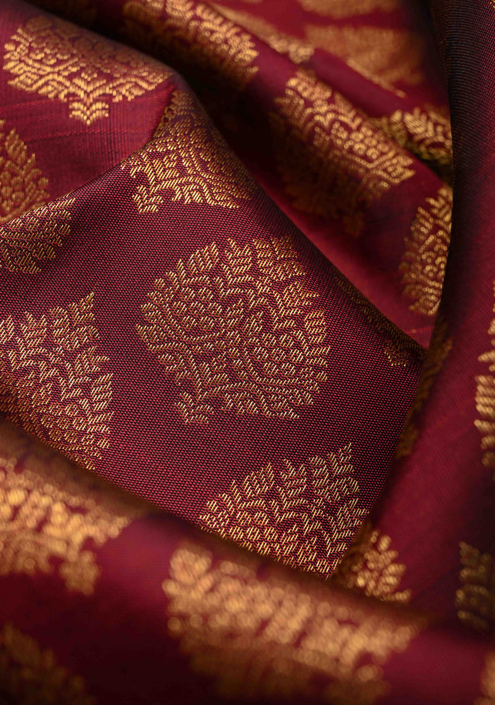 Maroon Brocade Kanjivaram Silk saree with Half Zari Border | SILK MARK CERTIFIED