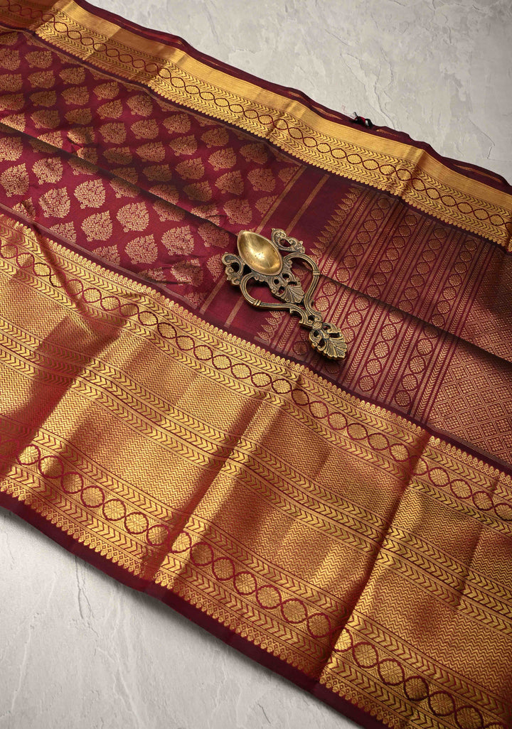 Maroon Brocade Kanjivaram Silk saree with Half Zari Border | SILK MARK CERTIFIED