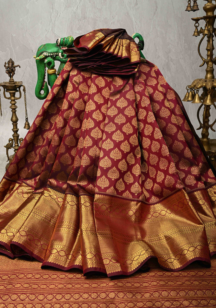 Maroon Brocade Kanjivaram Silk saree with Half Zari Border | SILK MARK CERTIFIED