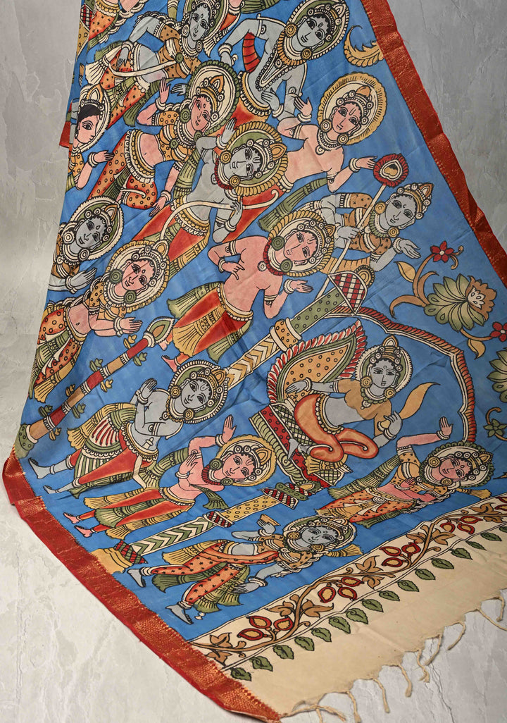 DUPATTA : Blue Authentic Pen Kalamkari on Mangalagiri Silk Cotton Dupatta with Dancing Dolls Theme