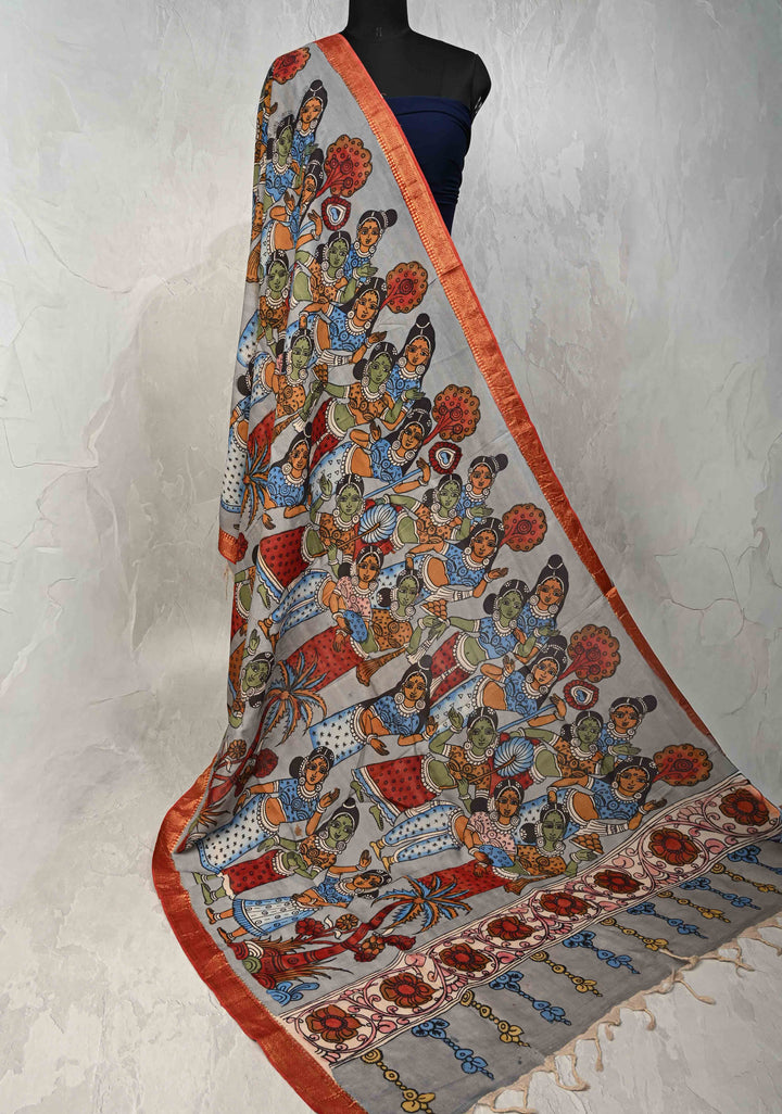 DUPATTA : Blue Authentic Pen Kalamkari on Mangalagiri Silk Cotton Dupatta with Dancing Queens Theme