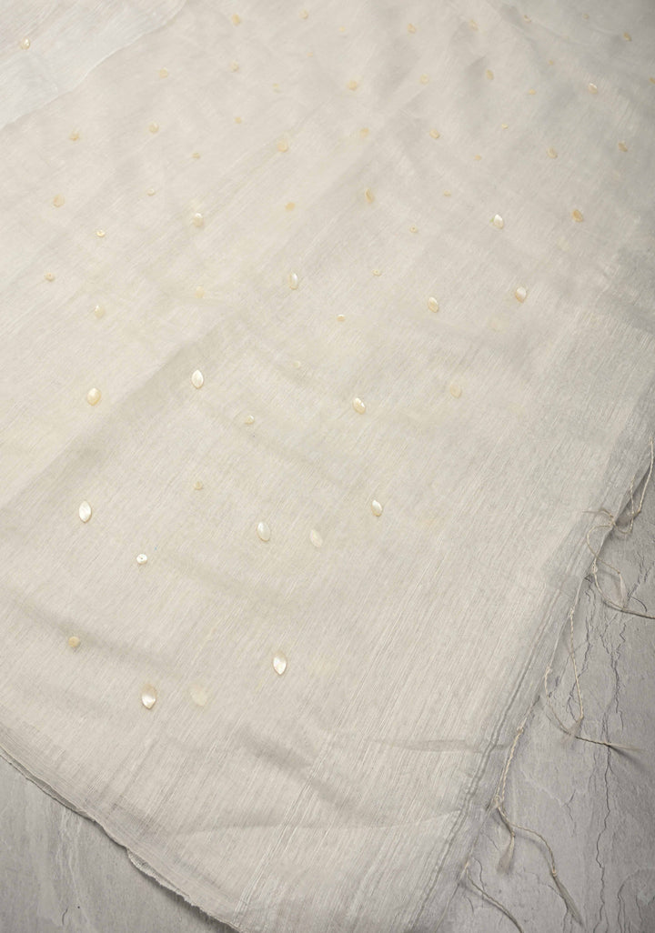 White Matka Muslin Silk Saree with Mother of Pearls woven in | SILK MARK CERTIFIED