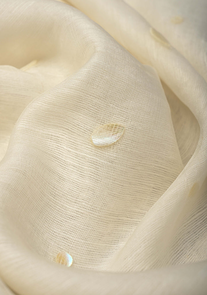 White Matka Muslin Silk Saree with Mother of Pearls woven in | SILK MARK CERTIFIED
