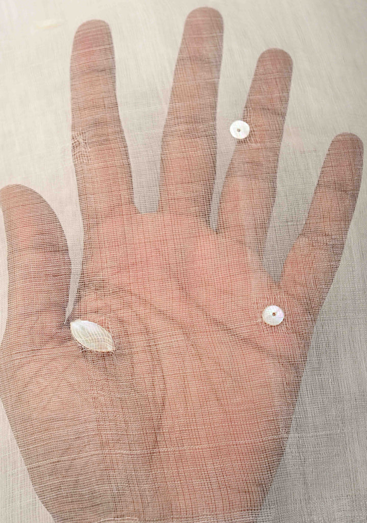 White Matka Muslin Silk Saree with Mother of Pearls woven in | SILK MARK CERTIFIED