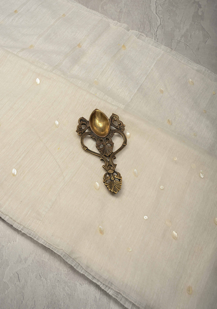 White Matka Muslin Silk Saree with Mother of Pearls woven in | SILK MARK CERTIFIED