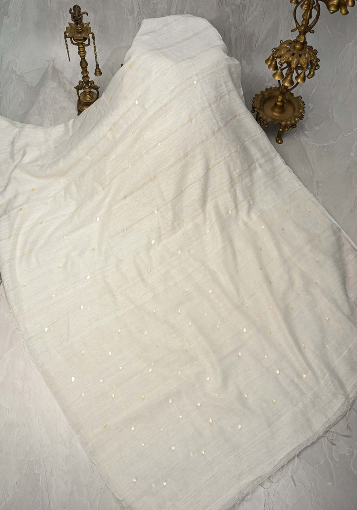 White Matka Muslin Silk Saree with Mother of Pearls woven in | SILK MARK CERTIFIED