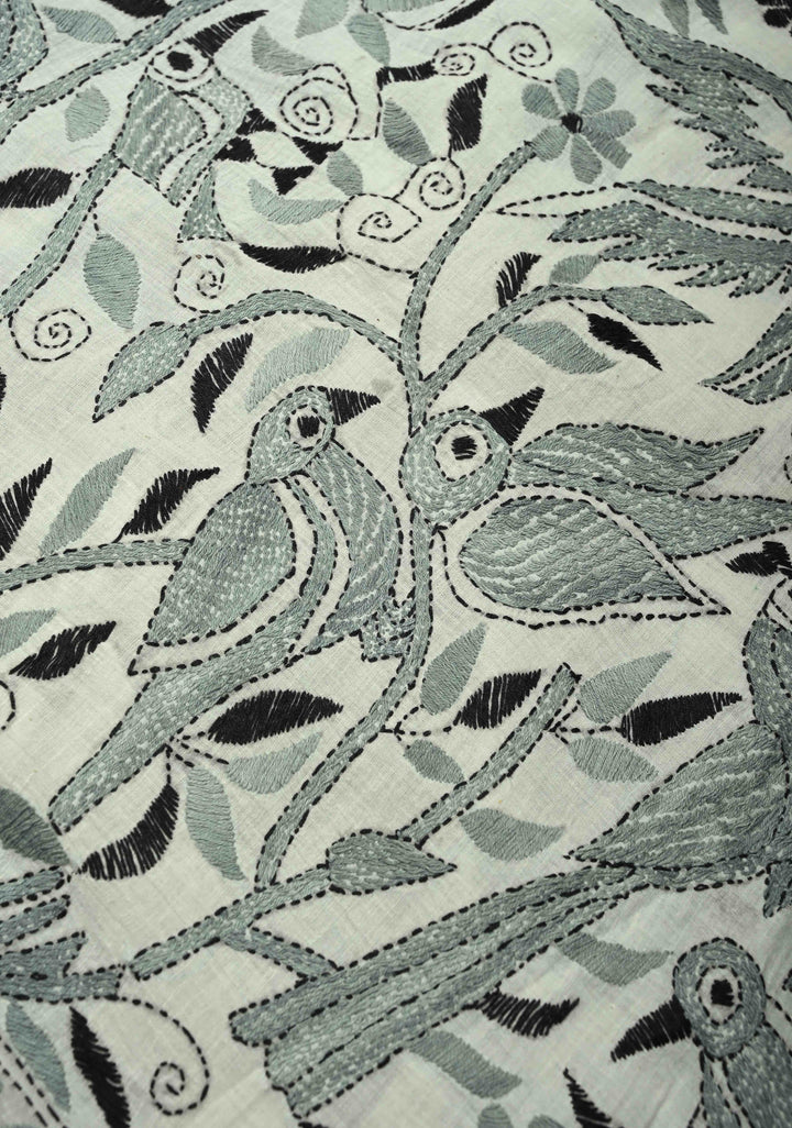 Light Gray Nakshi Kantha Embroidery on Cotton saree