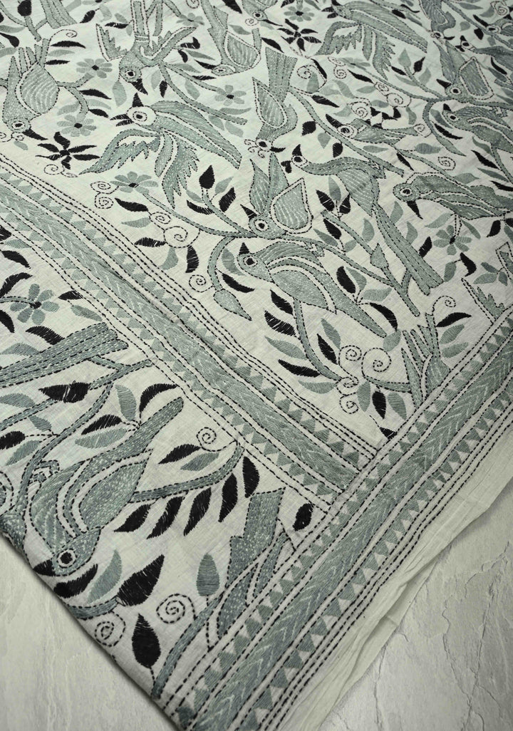 Light Gray Nakshi Kantha Embroidery on Cotton saree