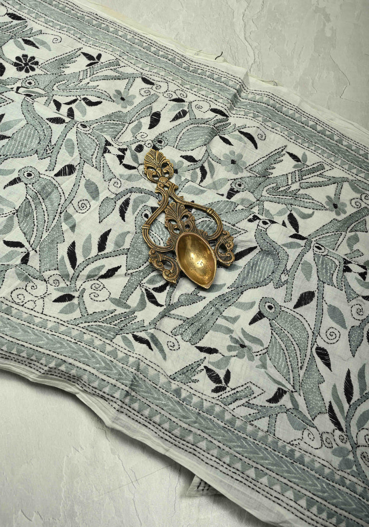 Light Gray Nakshi Kantha Embroidery on Cotton saree