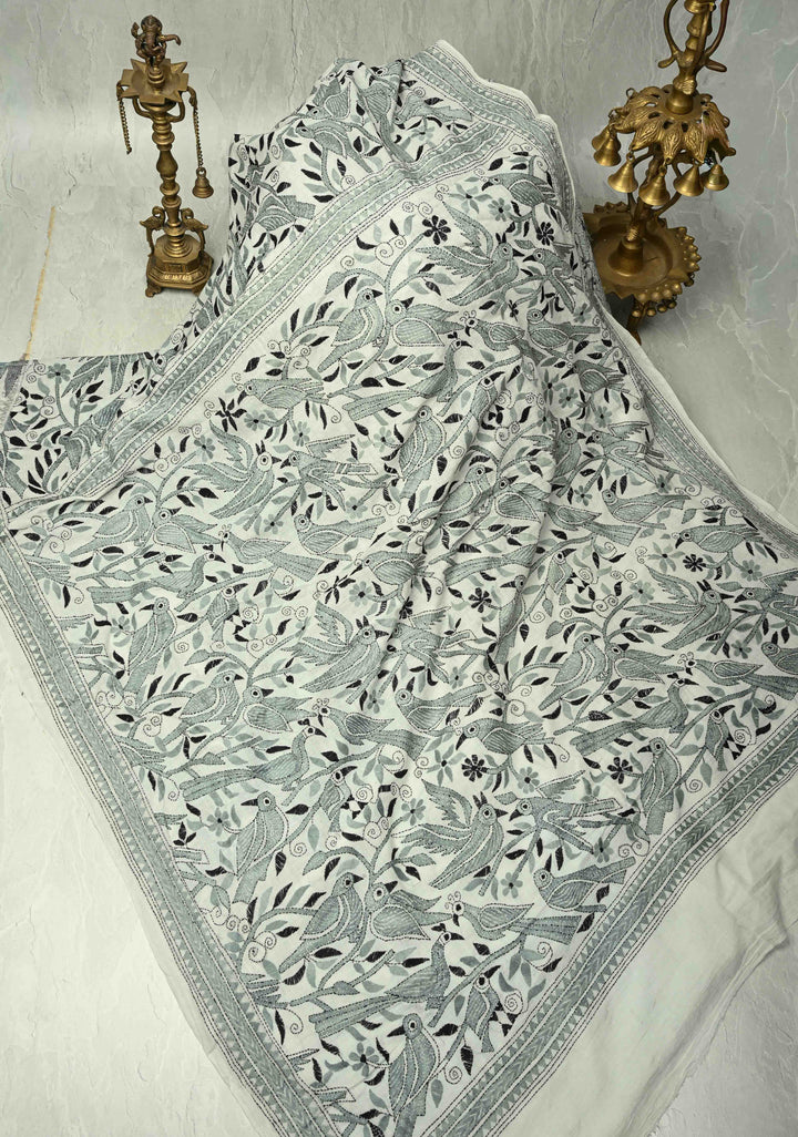Light Gray Nakshi Kantha Embroidery on Cotton saree