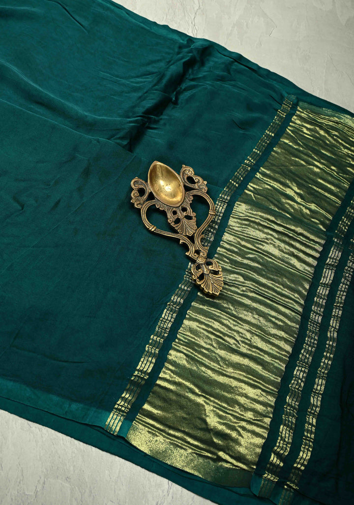 Peacock Green Mono Color Modal Silk Saree with Lagda Patta zari pallu
