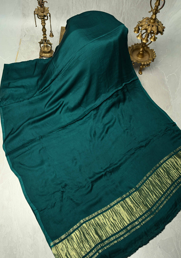 Peacock Green Mono Color Modal Silk Saree with Lagda Patta zari pallu