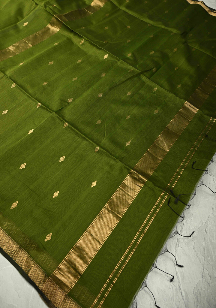 Olive Green Handwoven maheswari cotton silk saree with Zari Buttas and MInimal Border