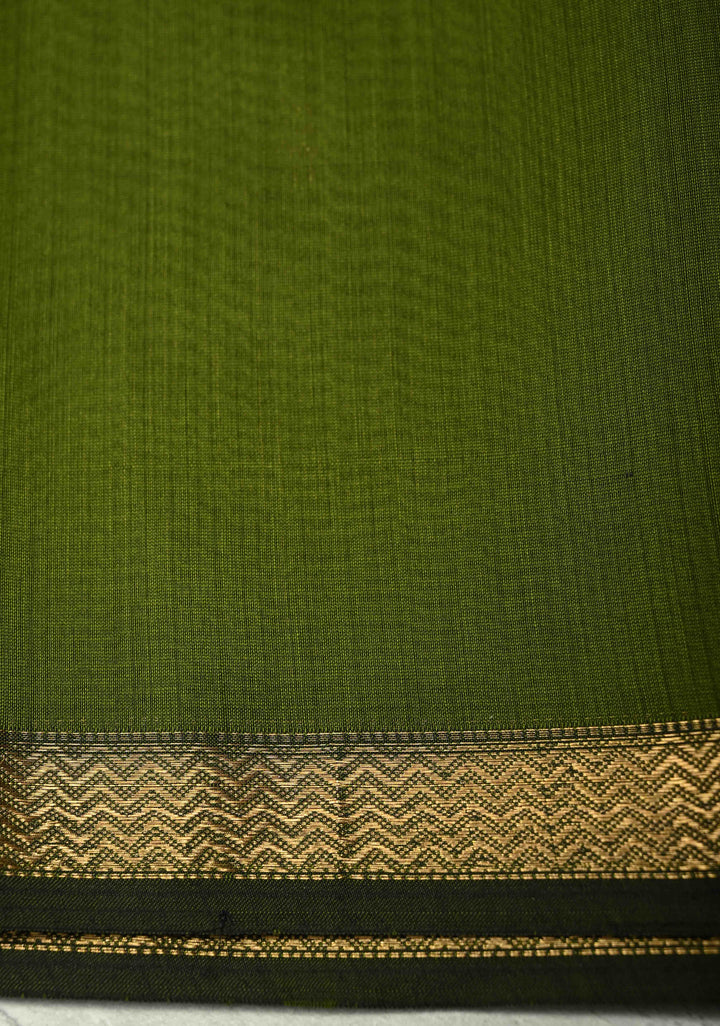 Olive Green Handwoven maheswari cotton silk saree with Zari Buttas and MInimal Border