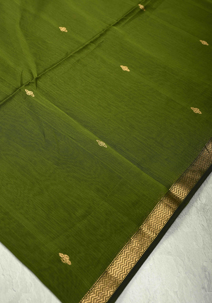 Olive Green Handwoven maheswari cotton silk saree with Zari Buttas and MInimal Border