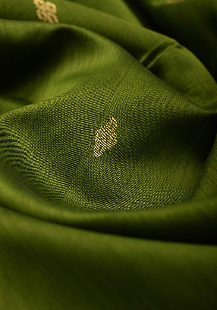 Olive Green Handwoven maheswari cotton silk saree with Zari Buttas and MInimal Border
