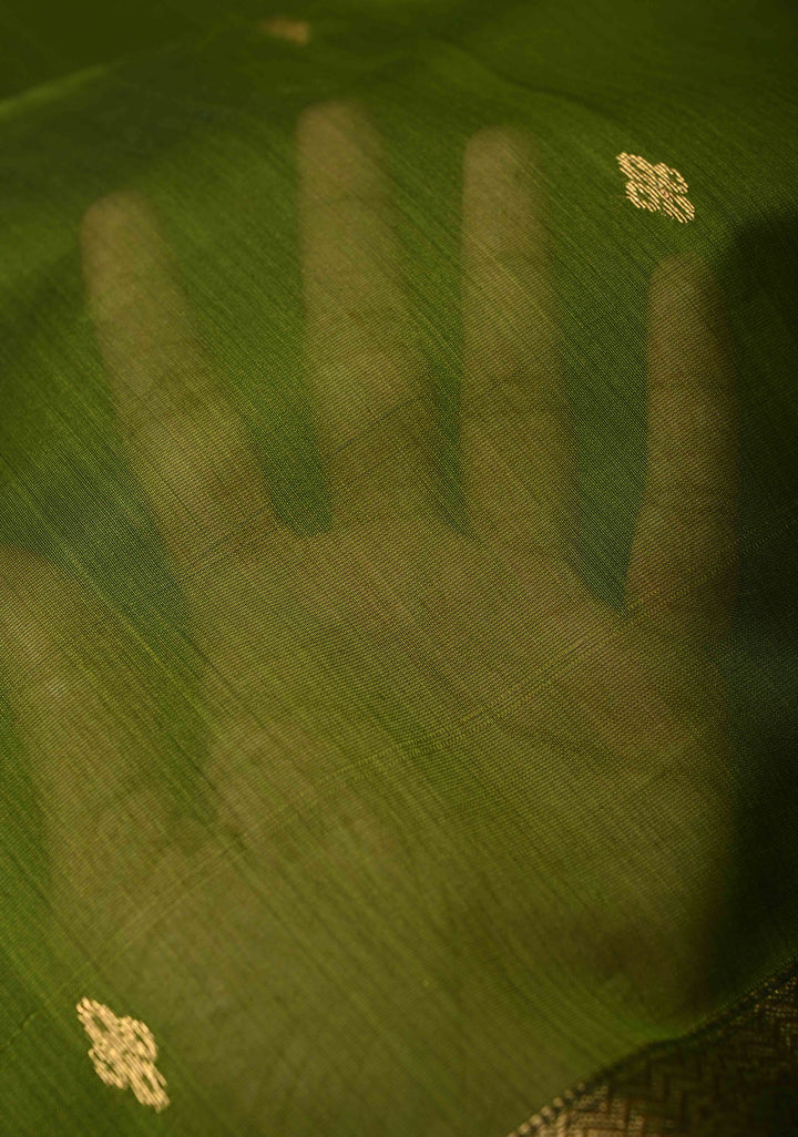 Olive Green Handwoven maheswari cotton silk saree with Zari Buttas and MInimal Border