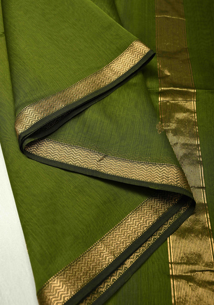 Olive Green Handwoven maheswari cotton silk saree with Zari Buttas and MInimal Border
