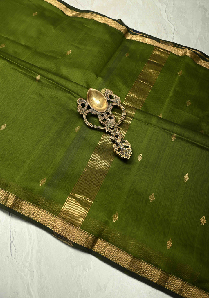 Olive Green Handwoven maheswari cotton silk saree with Zari Buttas and MInimal Border