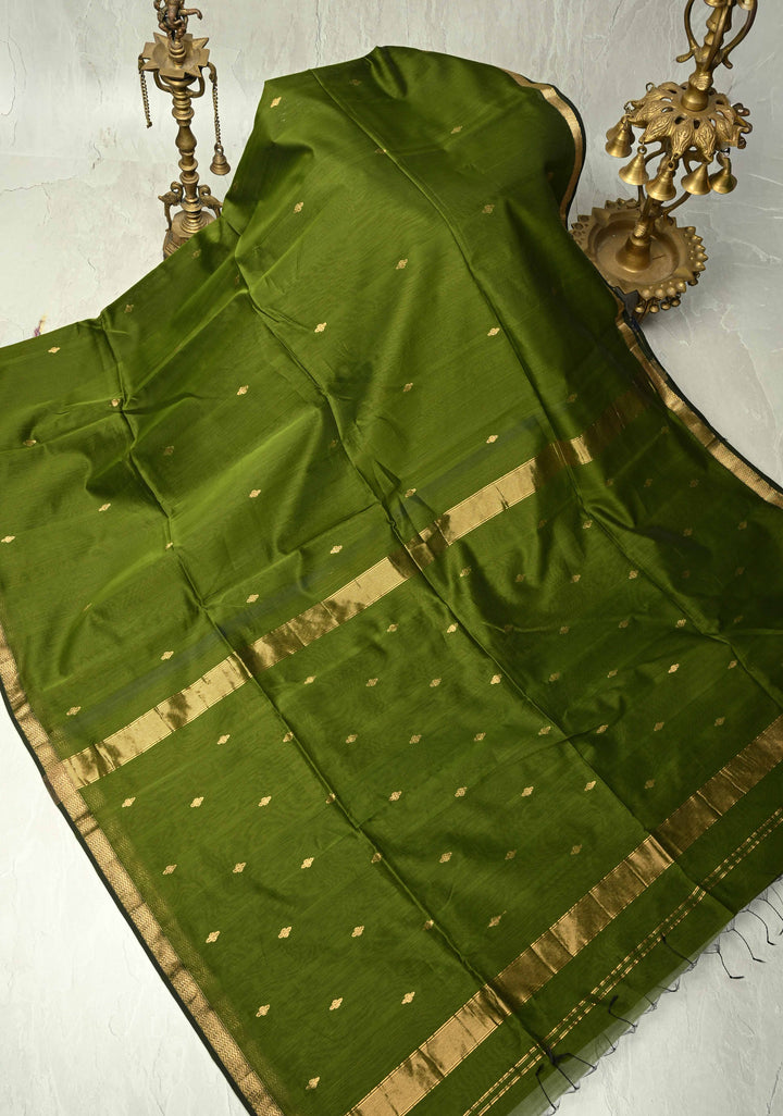 Olive Green Handwoven maheswari cotton silk saree with Zari Buttas and MInimal Border