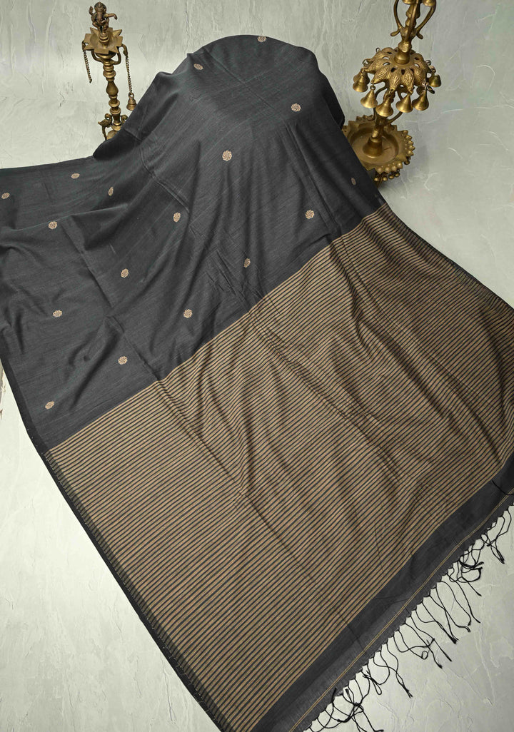 Gray Bengal Cotton Handloom saree with Resham Buttas and Long Tassels