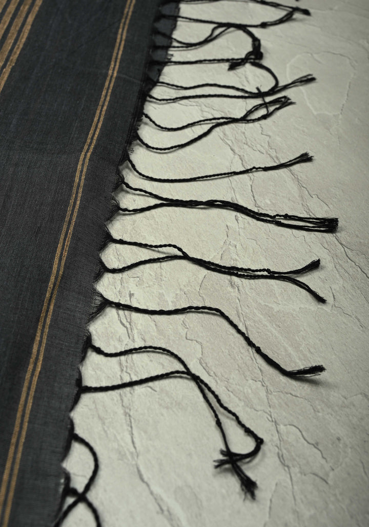 Gray Bengal Cotton Handloom saree with Resham Buttas and Long Tassels