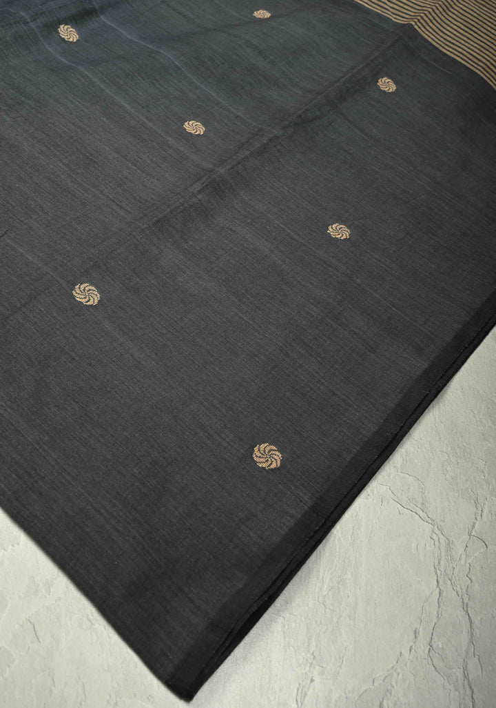 Gray Bengal Cotton Handloom saree with Resham Buttas and Long Tassels