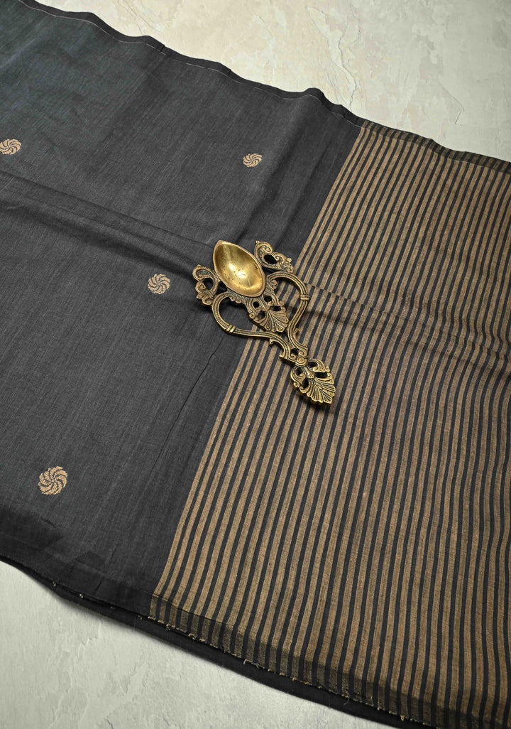 Gray Bengal Cotton Handloom saree with Resham Buttas and Long Tassels